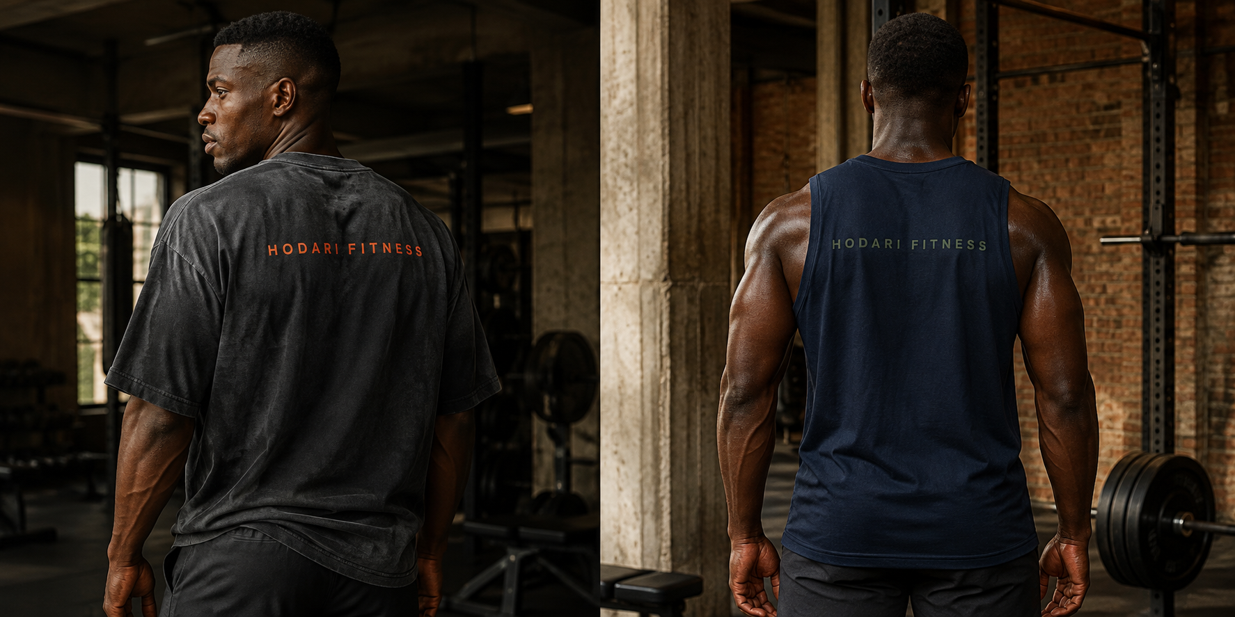 Hodari Fitness charcoal T-shirt and navy training tank campaign